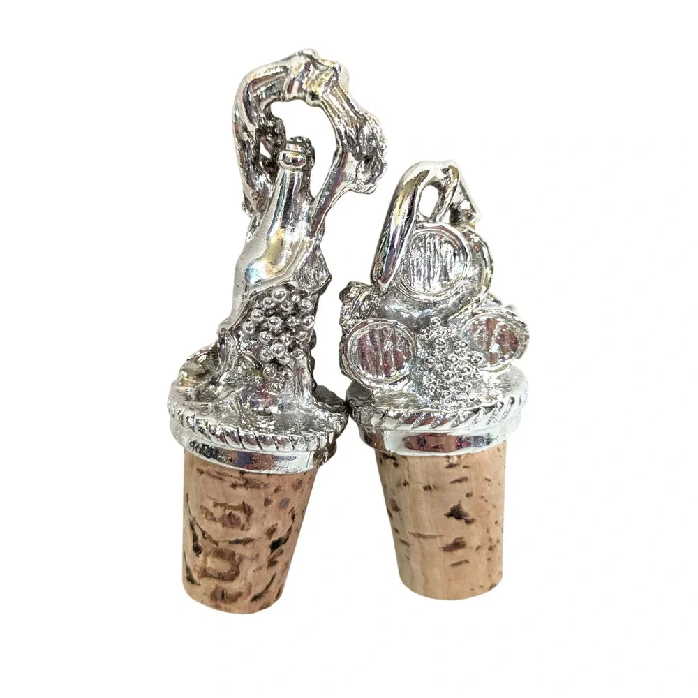 VTG Style Silver Wine Stoppers Set of 2 Grapes Barrel Bottle Cork Vineyard Decor